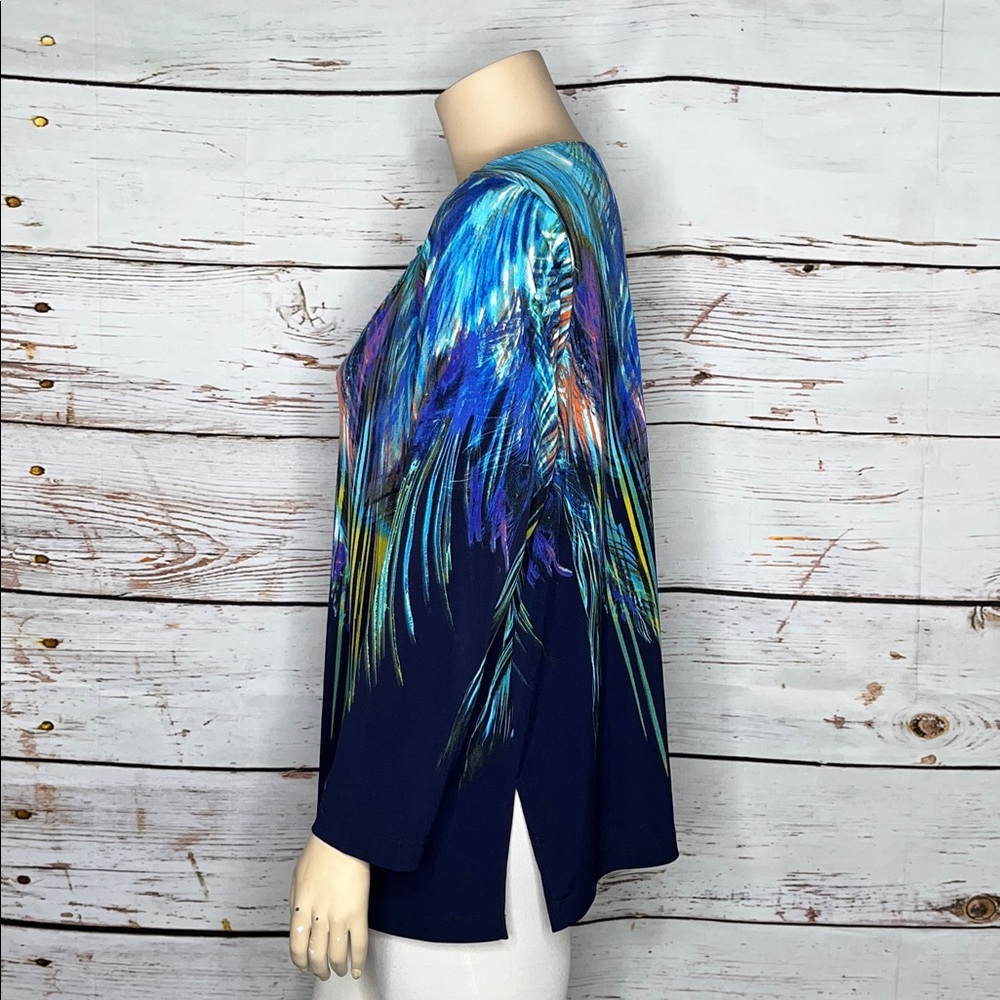 Susan Graver Size 3X Navy Blue - Feather Print Long Sleeve Blouse Top - Picture 2 of 4